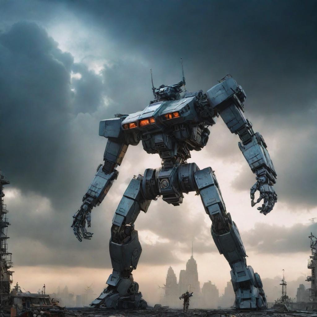 A transformation scene where a sleek helicopter morphs into a towering mecha robot in the midst of a dramatic sky.