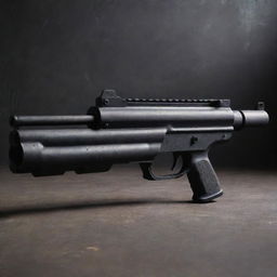 A robust and professional-grade grenade launcher with a matte black finish, showcased on a surface of dark, distressed metal.