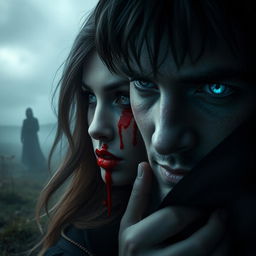 A paranormal romance scene depicting a woman with one captivating brown eye, stained with blood, showcasing a mixture of fear and seduction
