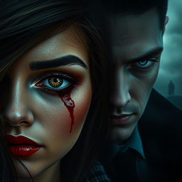 A paranormal romance scene depicting a woman with one captivating brown eye, stained with blood, showcasing a mixture of fear and seduction