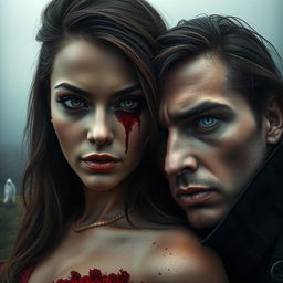 A paranormal romance scene depicting a woman with one captivating brown eye, stained with blood, showcasing a mixture of fear and seduction