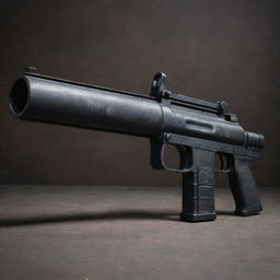 A robust and professional-grade grenade launcher with a matte black finish, showcased on a surface of dark, distressed metal.