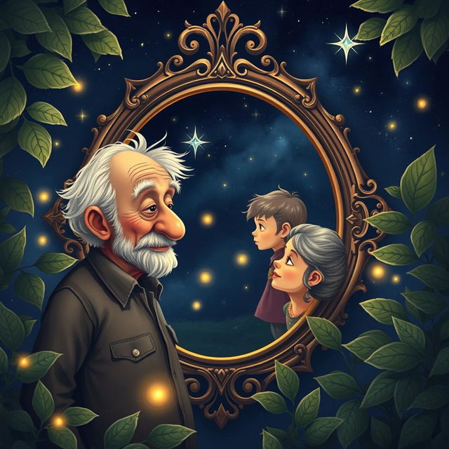 A touching scene depicting an old man and woman standing before a large, ornate mirror that reflects their childhood selves as a little boy and girl