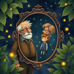 A touching scene depicting an old man and woman standing before a large, ornate mirror that reflects their childhood selves as a little boy and girl