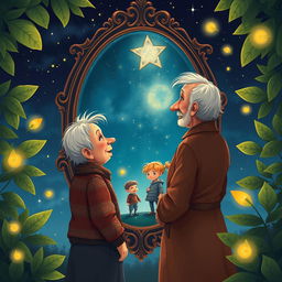 A touching scene depicting an old man and woman standing before a large, ornate mirror that reflects their childhood selves as a little boy and girl