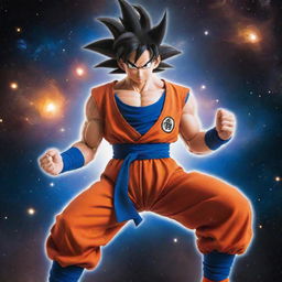 Goku from Dragon Ball Z, with a cosmic body full of galaxies, stars and nebulae, expressing a powerful pose with his signature orange outfit.