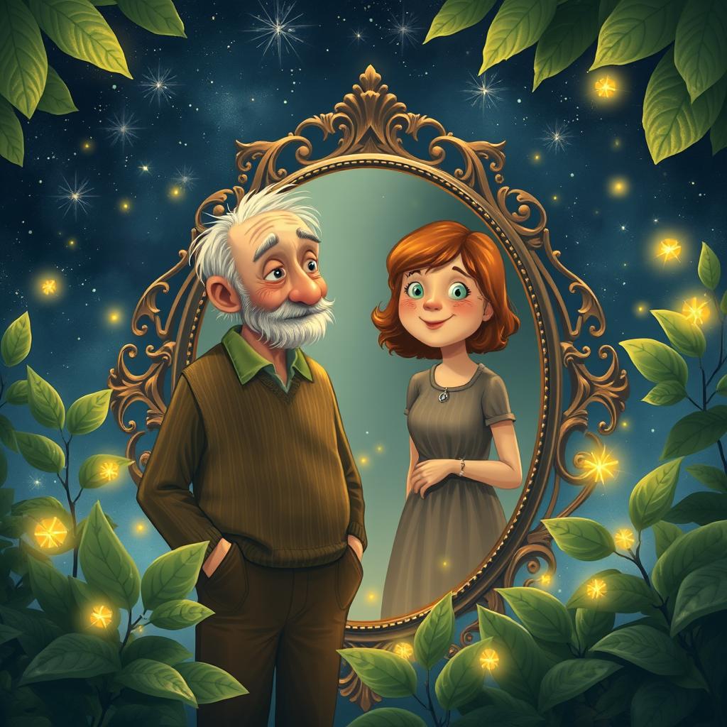 A touching scene depicting an old man and woman standing before a large, ornate mirror that reflects their childhood selves as a little boy and girl