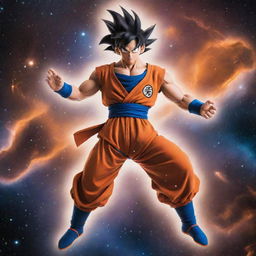 Goku from Dragon Ball Z, with a cosmic body full of galaxies, stars and nebulae, expressing a powerful pose with his signature orange outfit.