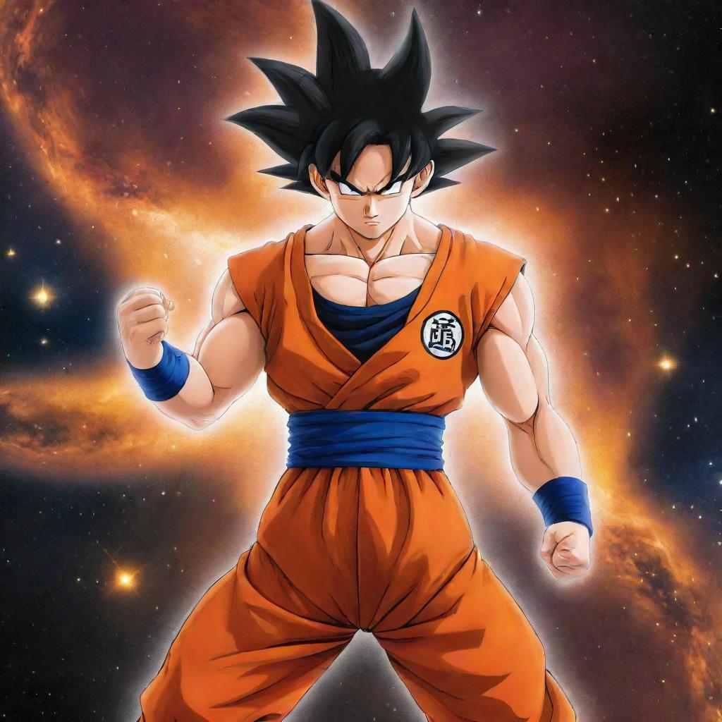 Goku from Dragon Ball Z, with a cosmic body full of galaxies, stars and nebulae, expressing a powerful pose with his signature orange outfit.