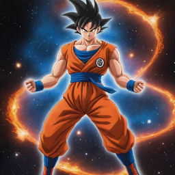 Goku from Dragon Ball Z, with a cosmic body full of galaxies, stars and nebulae, expressing a powerful pose with his signature orange outfit.