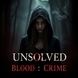 A haunting scene depicting a mysterious hooded woman standing in a dark, misty forest