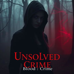 A haunting scene depicting a mysterious hooded woman standing in a dark, misty forest