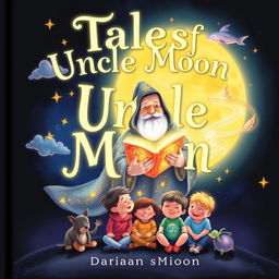 A magical book cover for 'Tales of Uncle Moon' depicting a glowing moonlight scene where Uncle Moon, dressed in a starry cloak, holds an enchanting book filled with glowing stories