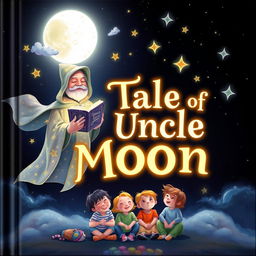 A magical book cover for 'Tales of Uncle Moon' depicting a glowing moonlight scene where Uncle Moon, dressed in a starry cloak, holds an enchanting book filled with glowing stories