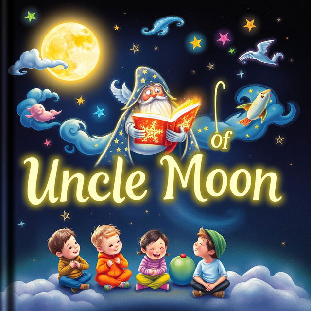 A magical book cover for 'Tales of Uncle Moon' depicting a glowing moonlight scene where Uncle Moon, dressed in a starry cloak, holds an enchanting book filled with glowing stories