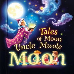 A magical book cover for 'Tales of Uncle Moon' depicting a glowing moonlight scene where Uncle Moon, dressed in a starry cloak, holds an enchanting book filled with glowing stories