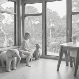 Two-dimensional, black and white cartoon-style colouring page of a Down syndrome Barbie fairy in paradise, in a big open relaxing room in a treehouse, interacting with a grey monkey and looking out a large window at an elephant and giraffe outside.