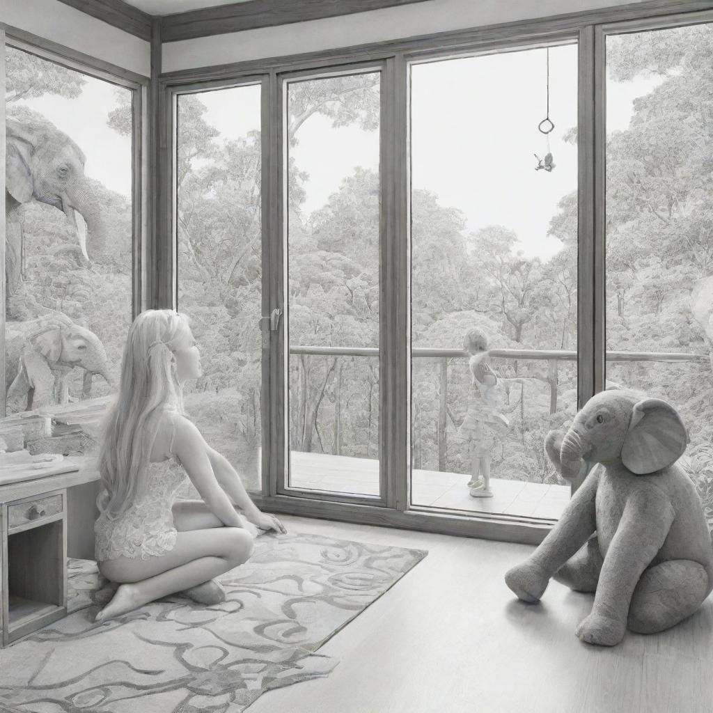 Two-dimensional, black and white cartoon-style colouring page of a Down syndrome Barbie fairy in paradise, in a big open relaxing room in a treehouse, interacting with a grey monkey and looking out a large window at an elephant and giraffe outside.