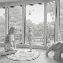 Two-dimensional, black and white cartoon-style colouring page of a Down syndrome Barbie fairy in paradise, in a big open relaxing room in a treehouse, interacting with a grey monkey and looking out a large window at an elephant and giraffe outside.