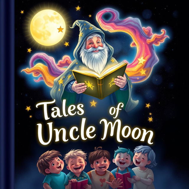 A magical book cover for 'Tales of Uncle Moon' featuring a glowing moonlight scene