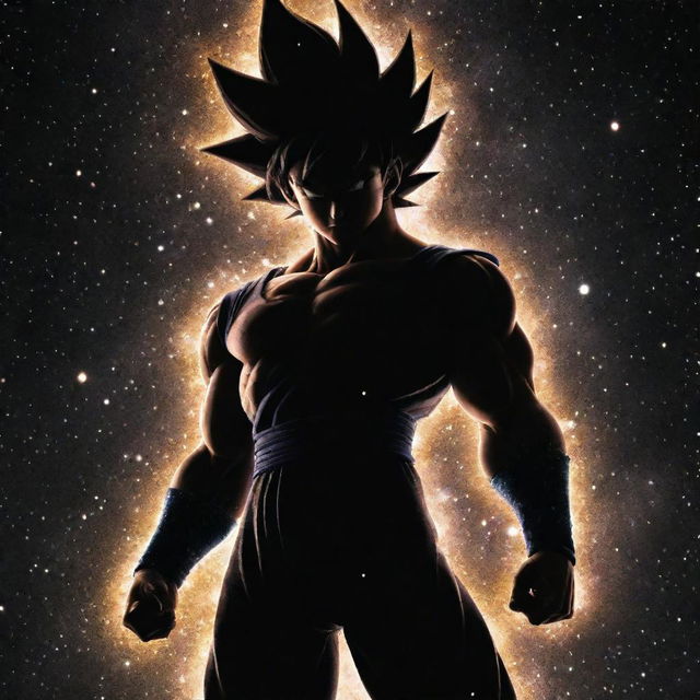 A full-bodied silhouette of Goku from Dragon Ball Z filled completely in dark black with galaxies sparkling inside of him.