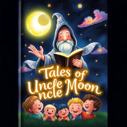 A magical book cover for 'Tales of Uncle Moon' featuring a glowing moonlight scene