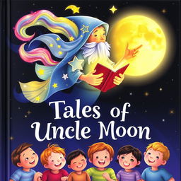 A magical book cover for 'Tales of Uncle Moon' featuring a glowing moonlight scene