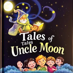 A magical book cover for 'Tales of Uncle Moon' featuring a glowing moonlight scene