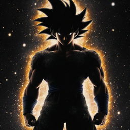 A full-bodied silhouette of Goku from Dragon Ball Z filled completely in dark black with galaxies sparkling inside of him.