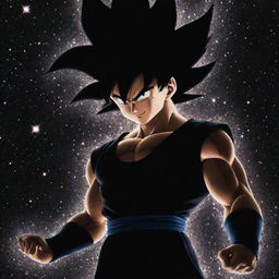 A full-bodied silhouette of Goku from Dragon Ball Z filled completely in dark black with galaxies sparkling inside of him.