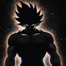 A full-bodied silhouette of Goku from Dragon Ball Z filled completely in dark black with galaxies sparkling inside of him.