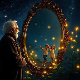 An enchanting scene featuring an old man and woman standing side by side, gazing into a large ornate mirror