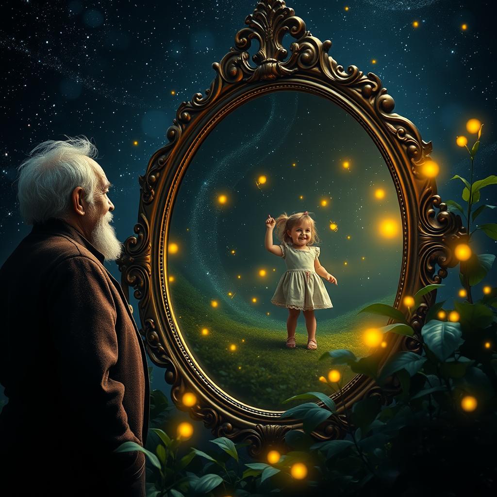 An enchanting scene featuring an old man and woman standing side by side, gazing into a large ornate mirror