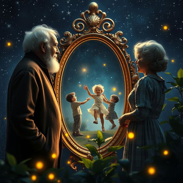 An enchanting scene featuring an old man and woman standing side by side, gazing into a large ornate mirror