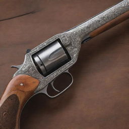 An authentic, vintage firearm with a long, intricate barrel. It portrays a sense of both danger and elegance with a polished wood grip matching with a meticulously engraved metal barrel.