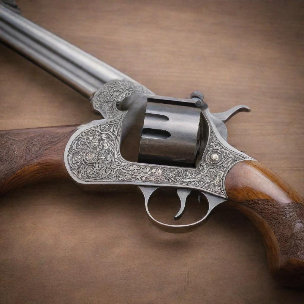 An authentic, vintage firearm with a long, intricate barrel. It portrays a sense of both danger and elegance with a polished wood grip matching with a meticulously engraved metal barrel.