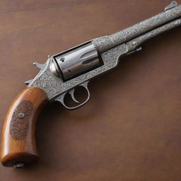 An authentic, vintage firearm with a long, intricate barrel. It portrays a sense of both danger and elegance with a polished wood grip matching with a meticulously engraved metal barrel.