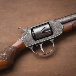 An authentic, vintage firearm with a long, intricate barrel. It portrays a sense of both danger and elegance with a polished wood grip matching with a meticulously engraved metal barrel.