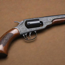 A detailed 1940s firearm with a long, sleek barrel, preserving the historical authenticity. The weapon, rich in old-world charm, features elaborate engravings, a dark wood stock, and a metal barrel showing its vintage appeal.