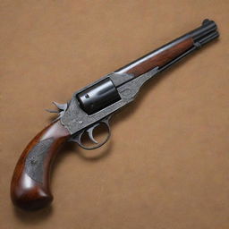 A detailed 1940s firearm with a long, sleek barrel, preserving the historical authenticity. The weapon, rich in old-world charm, features elaborate engravings, a dark wood stock, and a metal barrel showing its vintage appeal.