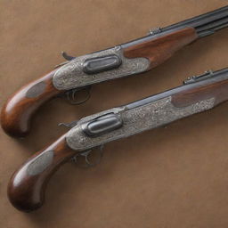 A detailed 1940s firearm with a long, sleek barrel, preserving the historical authenticity. The weapon, rich in old-world charm, features elaborate engravings, a dark wood stock, and a metal barrel showing its vintage appeal.