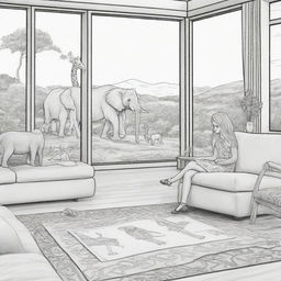 Two-dimensional, black and white cartoon-style colouring page of a Down syndrome Barbie fairy in paradise, in a big open relaxing room with her family, looking out a large window at an elephant and giraffe outside.