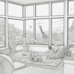 Two-dimensional, black and white cartoon-style colouring page of a Down syndrome Barbie fairy in paradise, in a big open relaxing room with her family, looking out a large window at an elephant and giraffe outside.