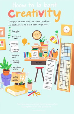 An inspiring and colorful illustration depicting a creative workspace with a timeline featuring techniques to boost creativity over 14 days