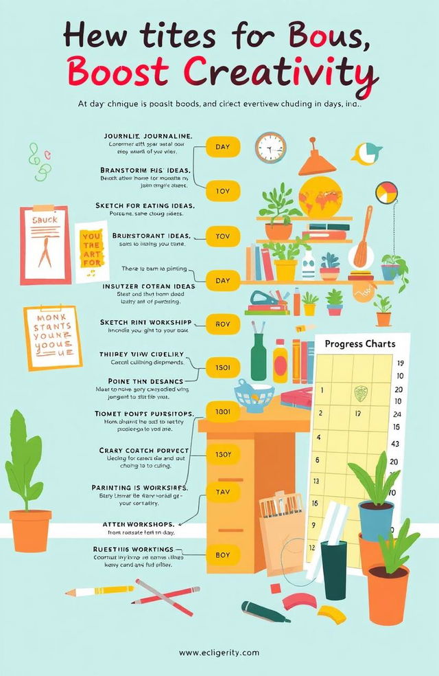 An inspiring and colorful illustration depicting a creative workspace with a timeline featuring techniques to boost creativity over 14 days