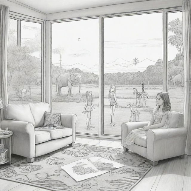 Two-dimensional, black and white cartoon-style colouring page of a Down syndrome Barbie fairy in paradise, in a big open relaxing room with her family, looking out a large window at an elephant and giraffe outside.