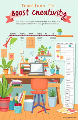 An inspiring and colorful illustration depicting a creative workspace with a timeline featuring techniques to boost creativity over 14 days