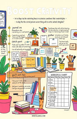 An inspiring and colorful illustration depicting a creative workspace with a timeline featuring techniques to boost creativity over 14 days