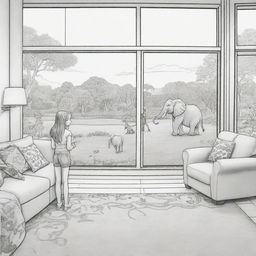 Two-dimensional, black and white cartoon-style colouring page of a Down syndrome Barbie fairy in paradise, in a big open relaxing room with her family, looking out a large window at an elephant and giraffe outside.