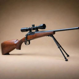 A meticulously detailed, vivid image of a 1940s bolt-action sniper rifle with a strikingly long barrel. The sniper contains the vintage charm of dark polished wood stock, a long-ranged metal scope, and an intimidating presence.